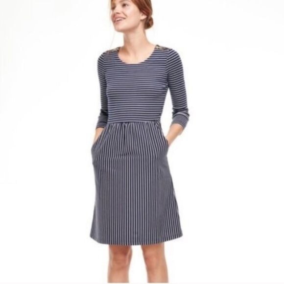 Boden Janie Day Navy White Striped Zip Shoulder Long Sleeve Pocket Dress 10R - Picture 1 of 8